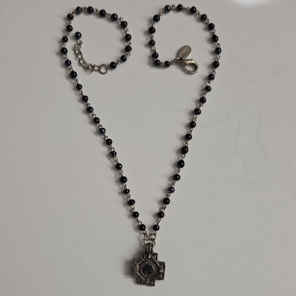 Black Beaded Cross Necklace